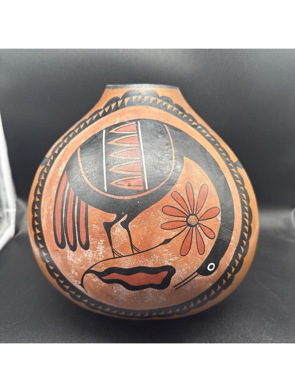 Signed Robert Rivera Native American Mimbre Crane Polychromatic Style Gourd Art